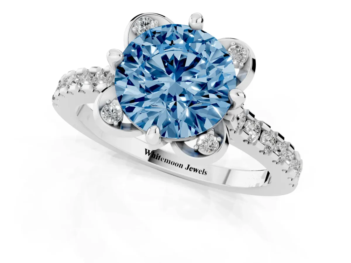 Fancy Blue Round Cut Diamond Ring with Pavé Band and Floral Prong Setting Silver