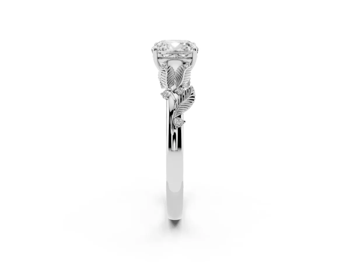 Cushion Cut Diamond Solitaire Ring with Leaf Motif Band and Four-Prong Setting Silver