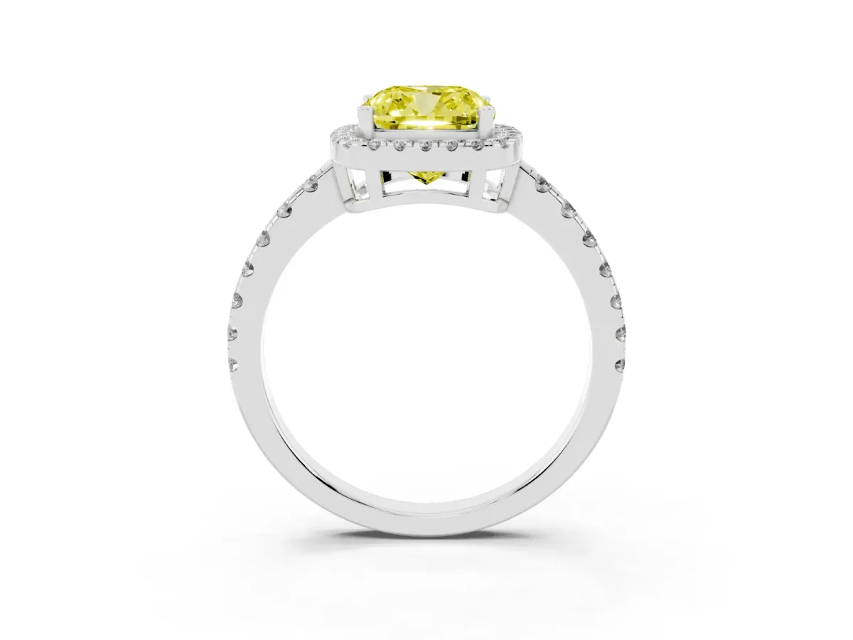 Fancy Yellow Cushion Cut Diamond Halo Ring with Pavé Band and Four-Prong Setting Silver