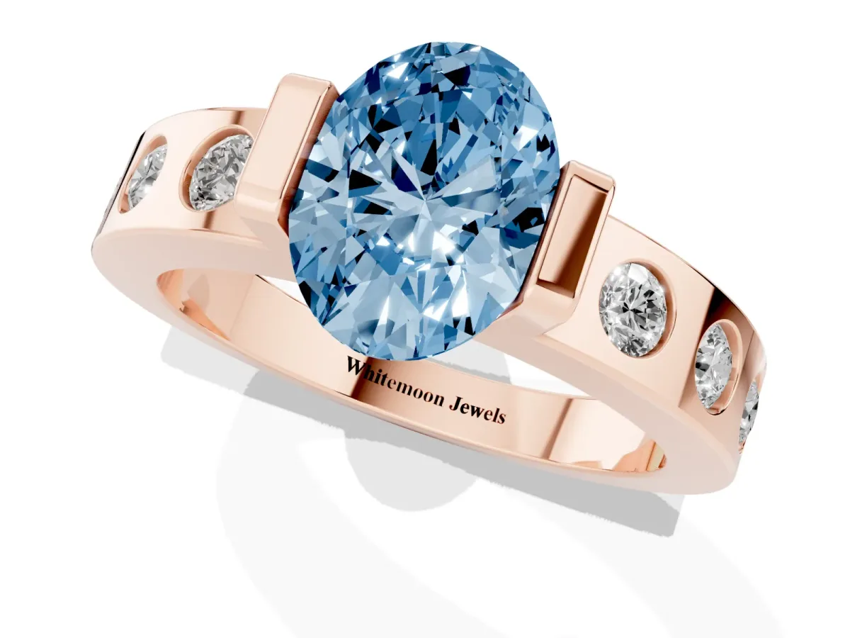 Fancy Blue Oval Cut Brilliant Channel-Set Diamond Ring with Bezel Prong Setting Rose gold