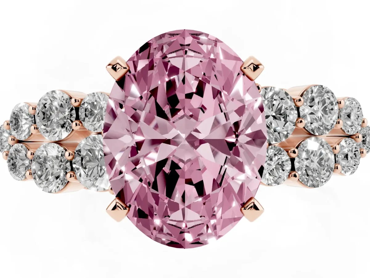 Fancy Pink Oval Cut Cluster Diamond Engagement Ring with Pavé Band and Four-Prong Setting Rose gold