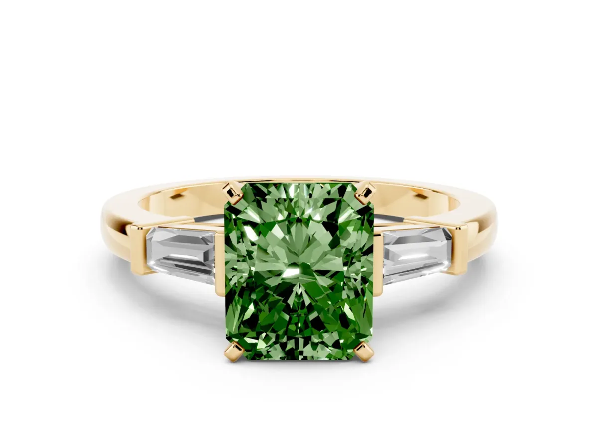 Fancy Green Radiant Cut Cut Diamond Solitaire Ring with Tapered Baguette Accents and Four-Prong Setting Yellow gold