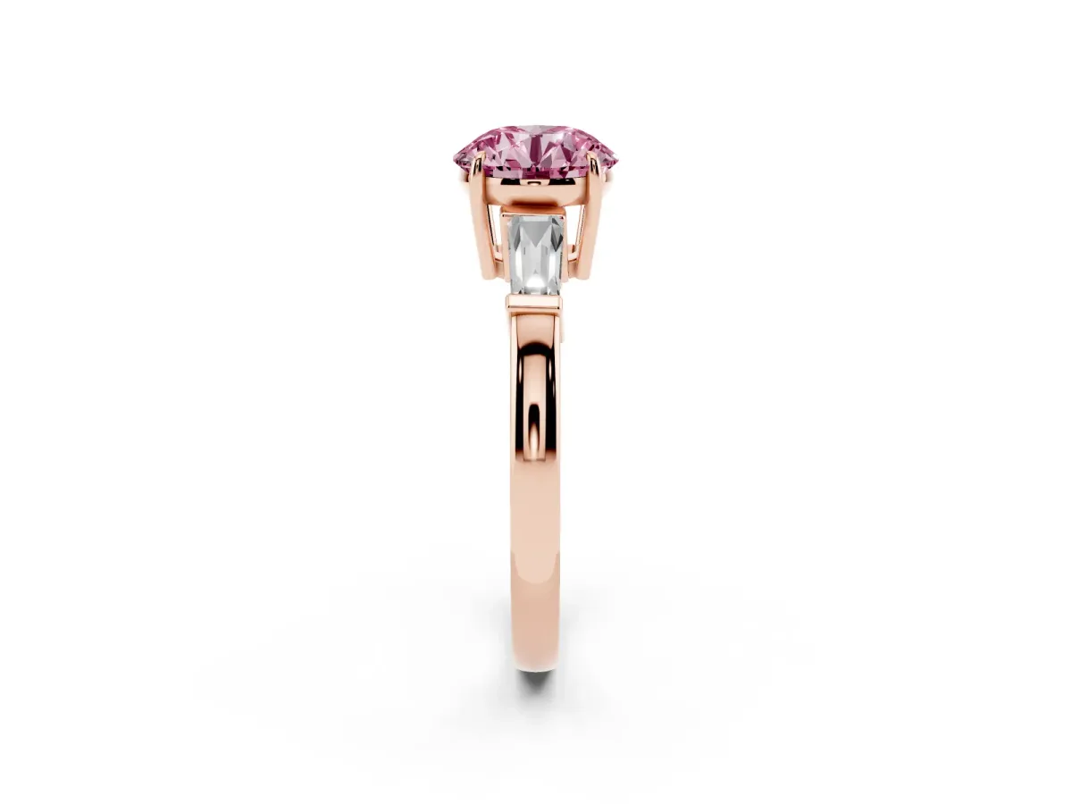 Fancy Pink Round Cut Diamond Three-Stone Ring with Tapered Baguette Side Stones and Prong Setting Rose gold
