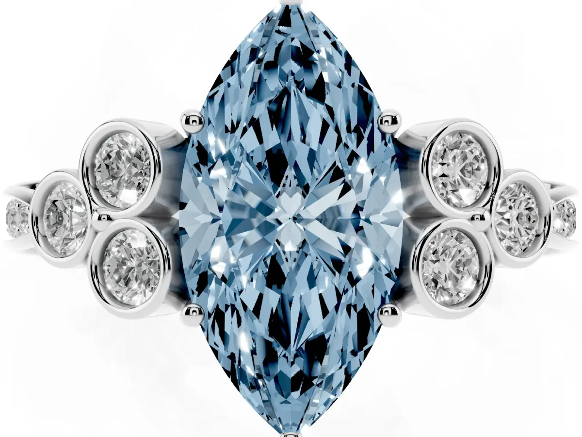 Fancy Blue Marquise Cut Cut Diamond Engagement Ring with Bezel Set Round Side Stones and Prong Setting White gold