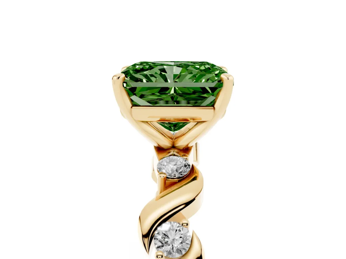 Fancy Green Radiant Cut Diamond Solitaire Twisted Band with Round Accents and Prong Setting Yellow gold