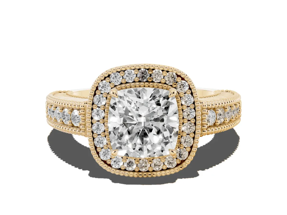Cushion Cut Cut Halo Diamond Ring with Pavé Band and Four-Prong Setting Yellow gold