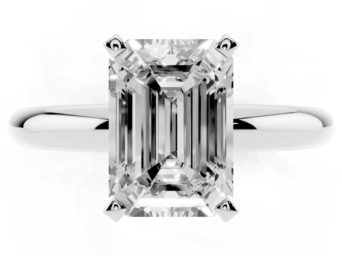 Emerald Cut Diamond Solitaire Engagement Ring with Round Band and Four-Prong Setting Silver