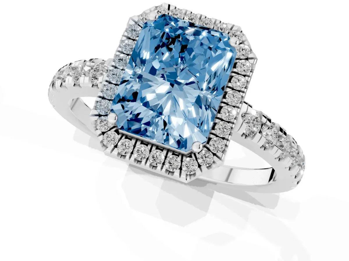 Fancy Blue Radiant Cut Diamond Halo Ring with Pavé Band and Four-Prong Setting White gold