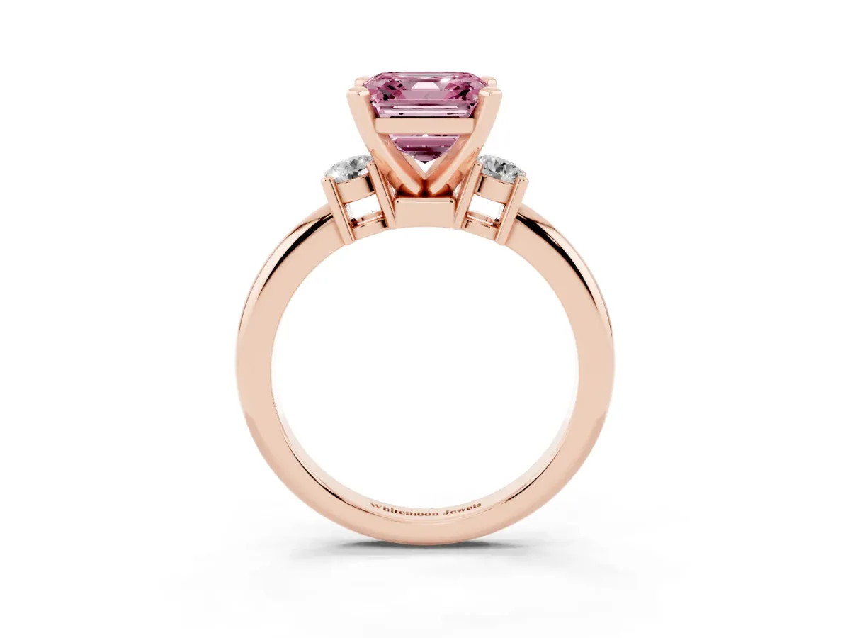 Fancy Pink Three-Stone Asscher Cut Cut Diamond Solitaire with Prong Setting and Classic Band Rose gold