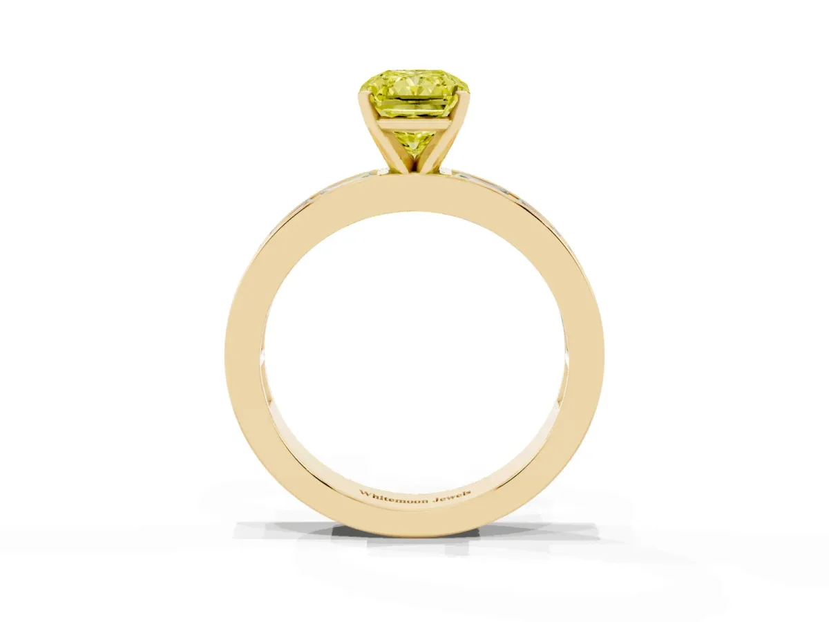 Fancy Yellow Radiant Cut Solitaire Diamond Ring with Channel-Set Baguette Band and Four-Prong Setting Yellow gold
