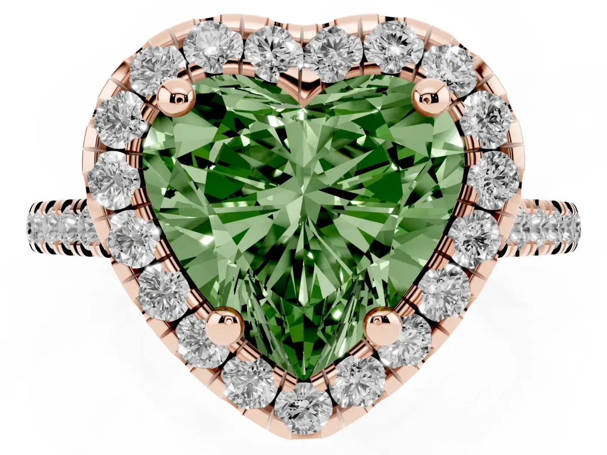 Fancy Green Heart Cut Diamond Cushion Halo Ring with Pavé Band Rose gold