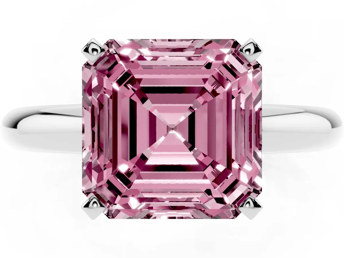 Fancy Pink Asscher Cut Diamond Solitaire Engagement Ring with Round Band and Four-Prong Setting Platinum