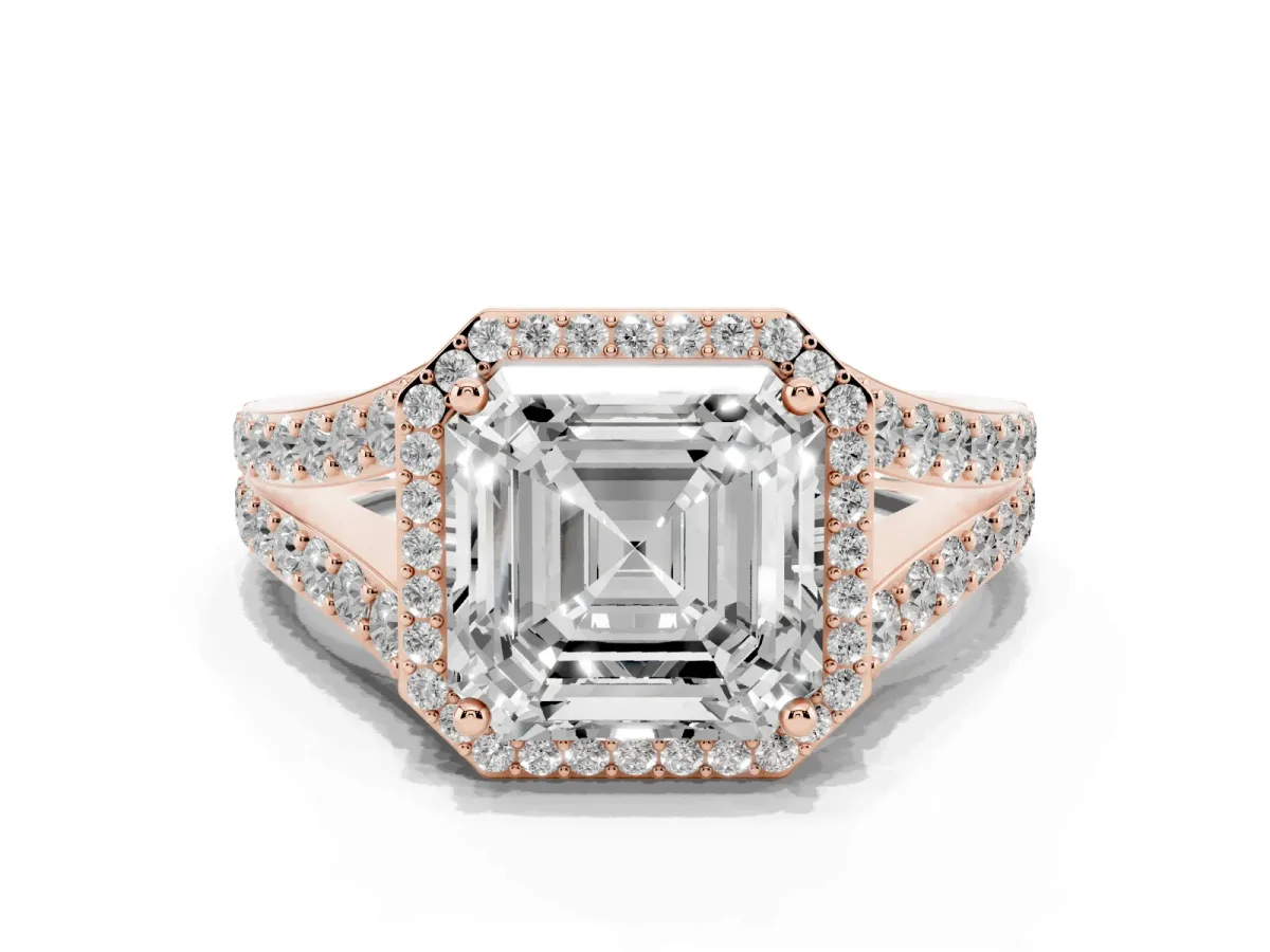Asscher Cut Diamond Split Shank Halo Ring with Four-Prong Setting Rose gold