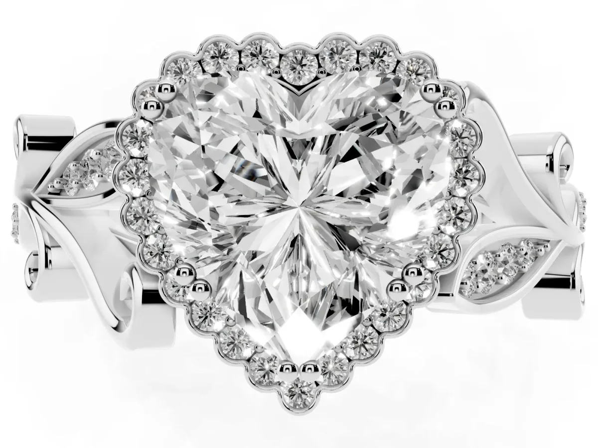 Heart Cut Diamond Halo Ring with Vintage Split Shank and Four-Prong Setting Silver