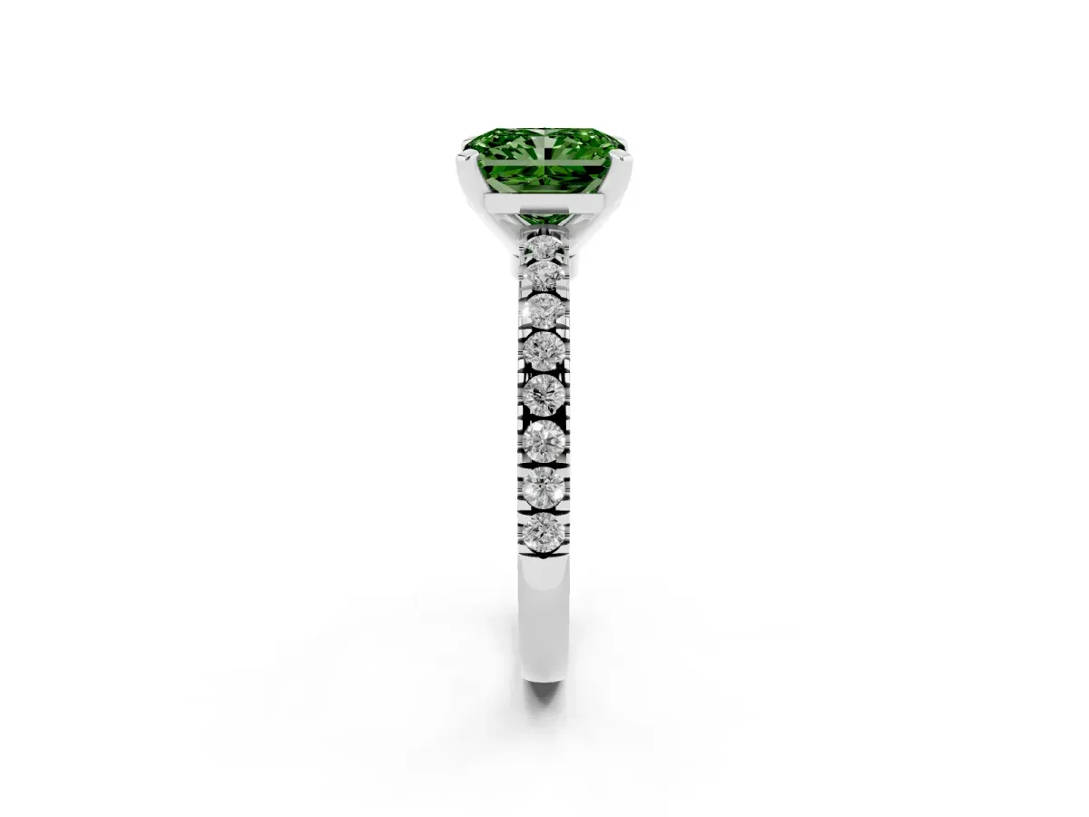 Fancy Green Radiant Cut Solitaire Diamond with Pavé Band and Four-Prong Setting White gold