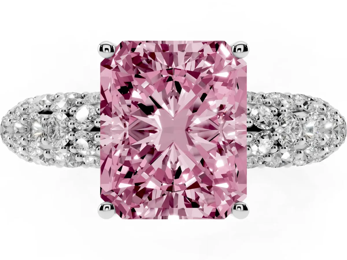 Fancy Pink Radiant Cut Diamond Pavé Band Solitaire Ring with Four-Prong Setting White gold