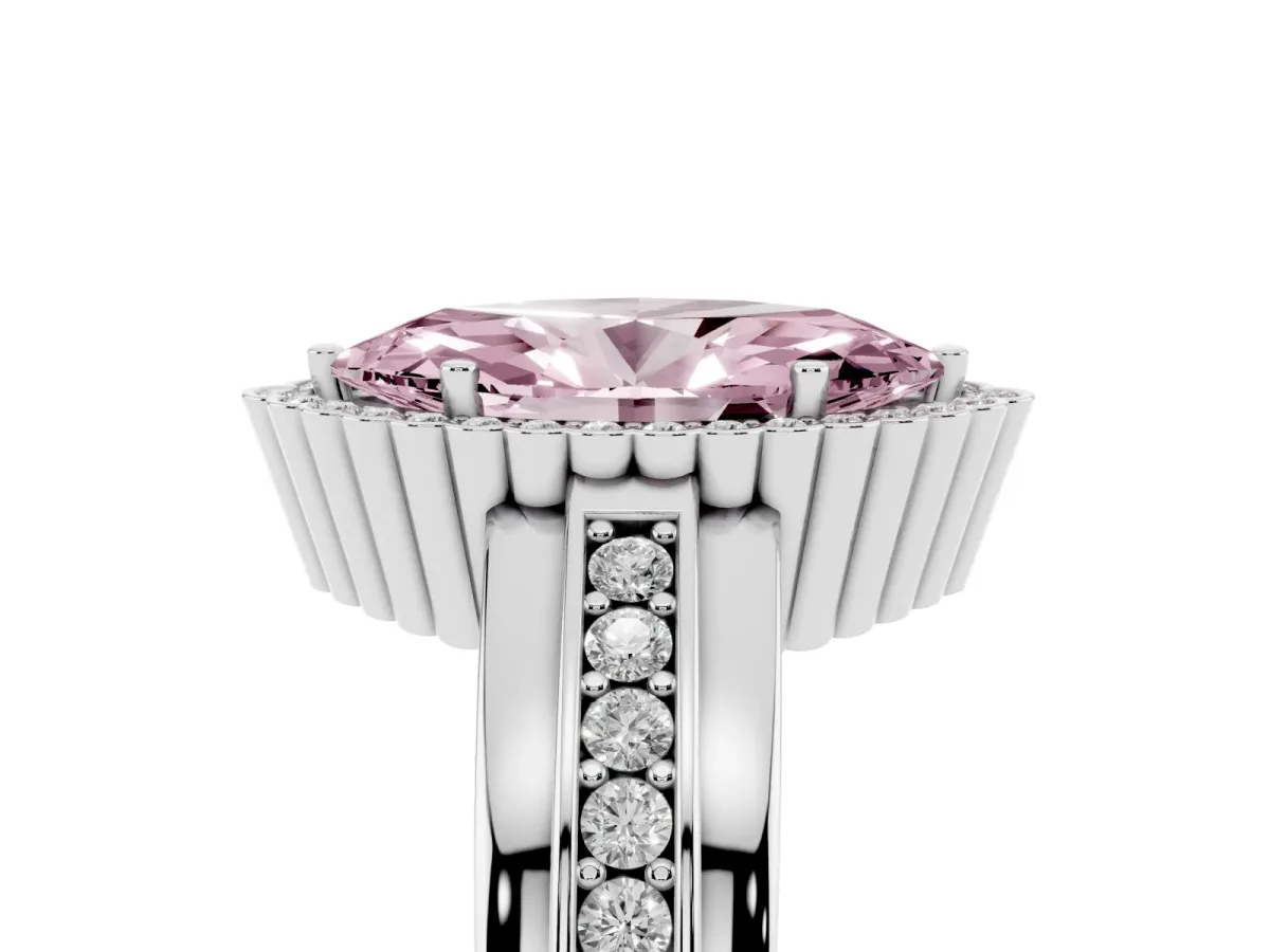 Fancy Pink Marquise Cut Cut Halo Pave Band Four-Prong Ring Platinum