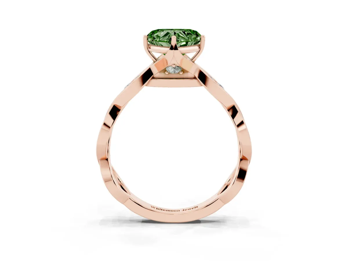 Fancy Green Heart Cut Solitaire Twist Band with Leaf Prong Setting Rose gold