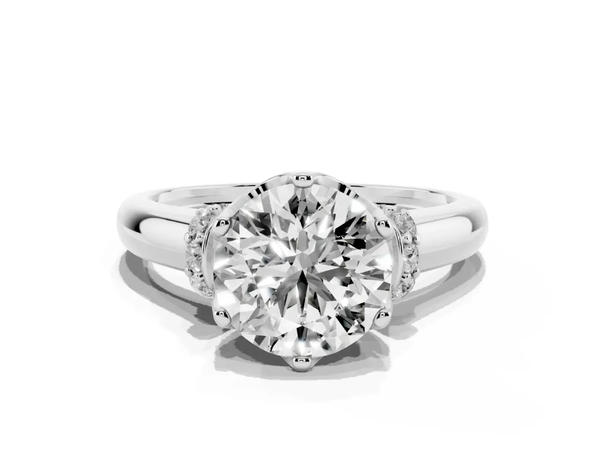 Round Cut Brilliant Solitaire Cathedral Engagement Ring with Pave Accents Silver