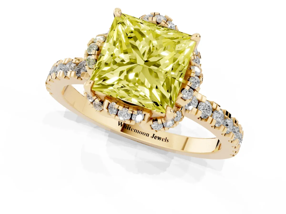 Fancy Yellow Princess Cut Diamond Halo Pave Band with Four-Prong Setting Yellow gold