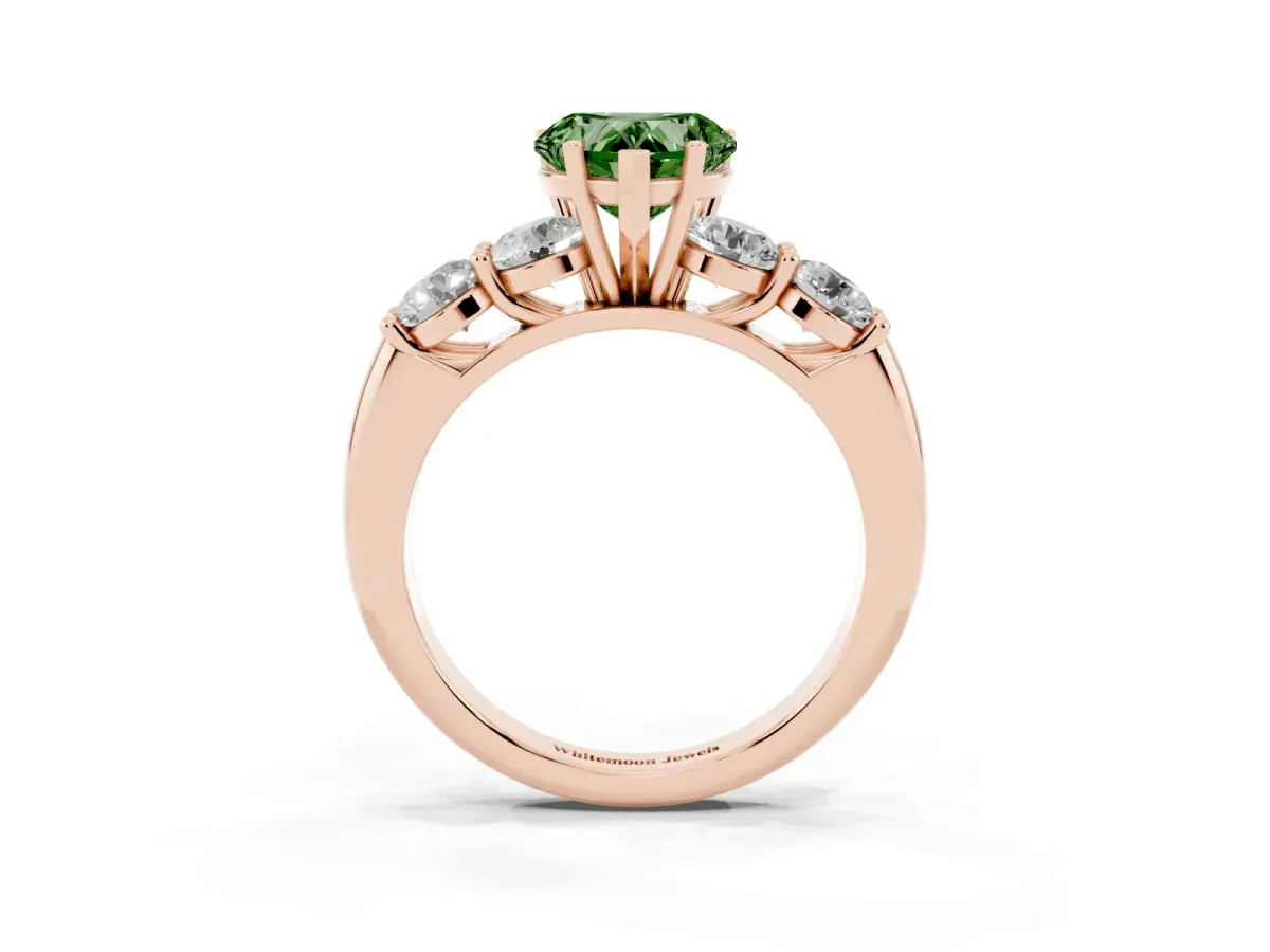 Fancy Green Heart Cut Cut Five-Stone Prong Set Diamond Ring with Classic Band Rose gold