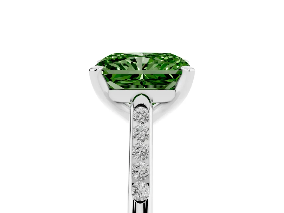 Fancy Green Radiant Cut Diamond Solitaire Ring with Channel Set Round Band and Prong Setting Platinum