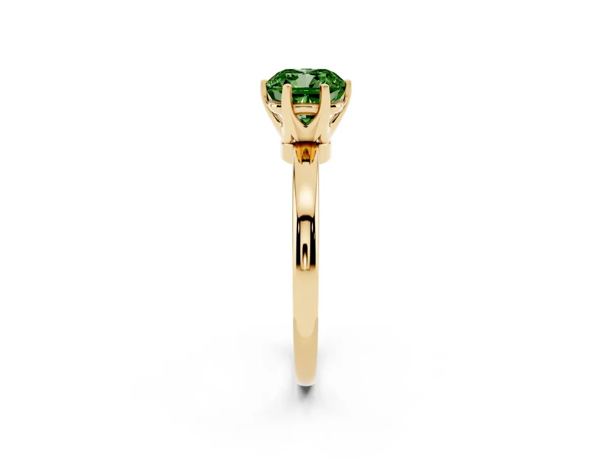 Fancy Green Cushion Cut Solitaire Diamond Ring with Six-Prong Setting on a Classic Band Yellow gold