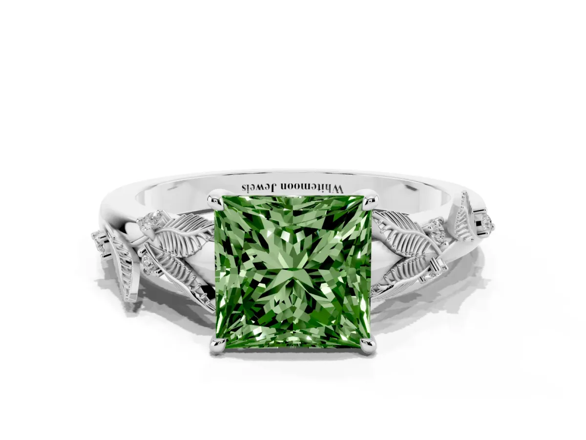 Fancy Green Princess Cut Diamond Solitaire Ring with Leaf Motif Band and Four-Prong Setting Silver