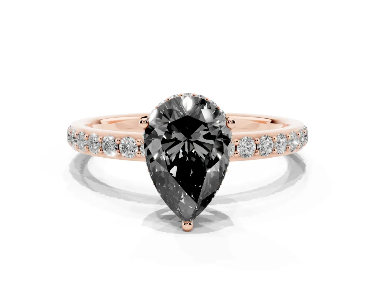Fancy Black Pear Cut Diamond Solitaire Ring with Pavé Band and Hidden Halo Rose gold