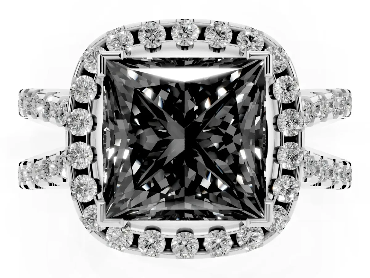 Fancy Black Princess Cut Diamond Halo Ring with Split Shank Pavé Band and Prong Setting Silver