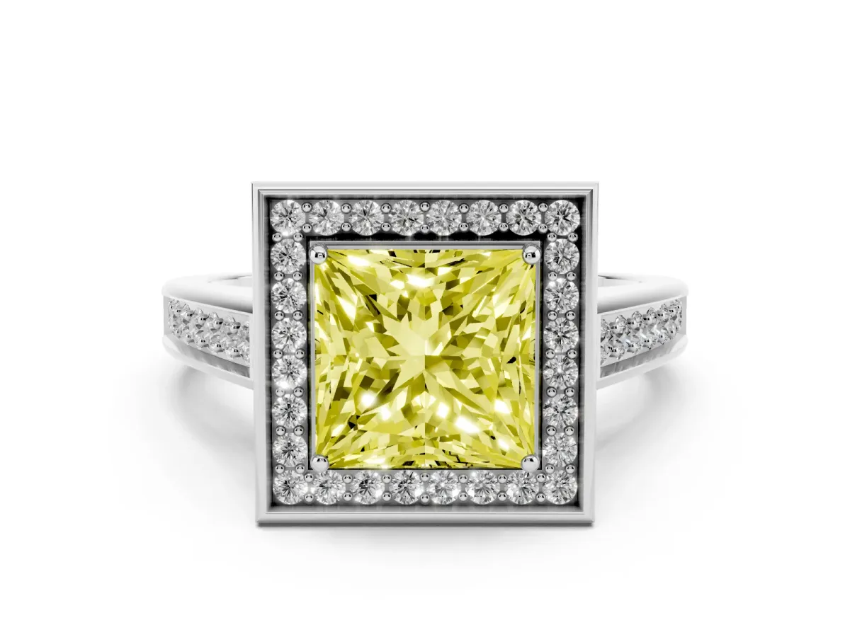 Fancy Yellow Princess Cut Halo Solitaire Diamond Ring with Pave Band and Bezel Setting Platinum