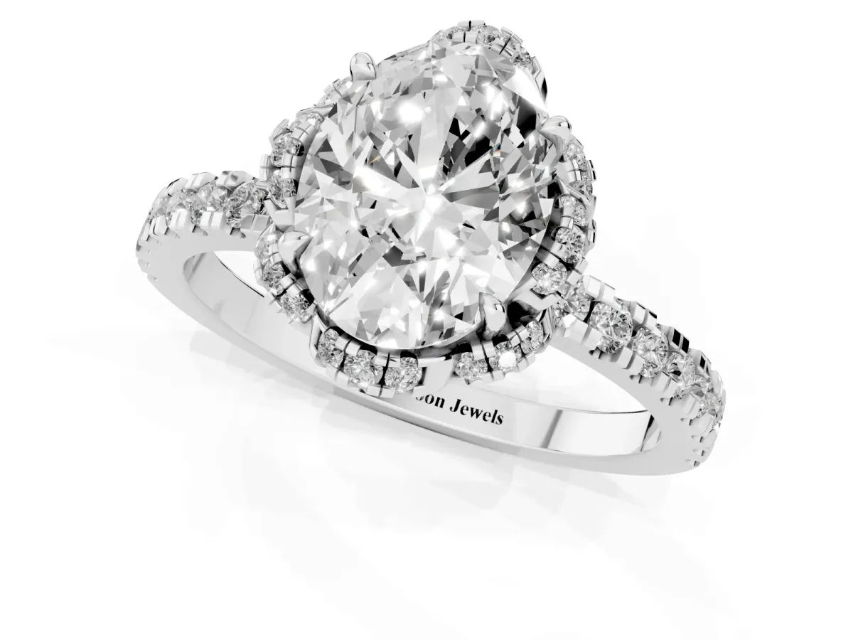 Oval Cut Halo Diamond Pave Band Ring with Four-Prong Setting Platinum