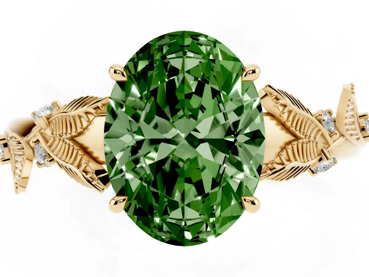 Fancy Green Oval Cut Diamond Solitaire Ring with Leaf Motif Band and Four-Prong Setting Yellow gold