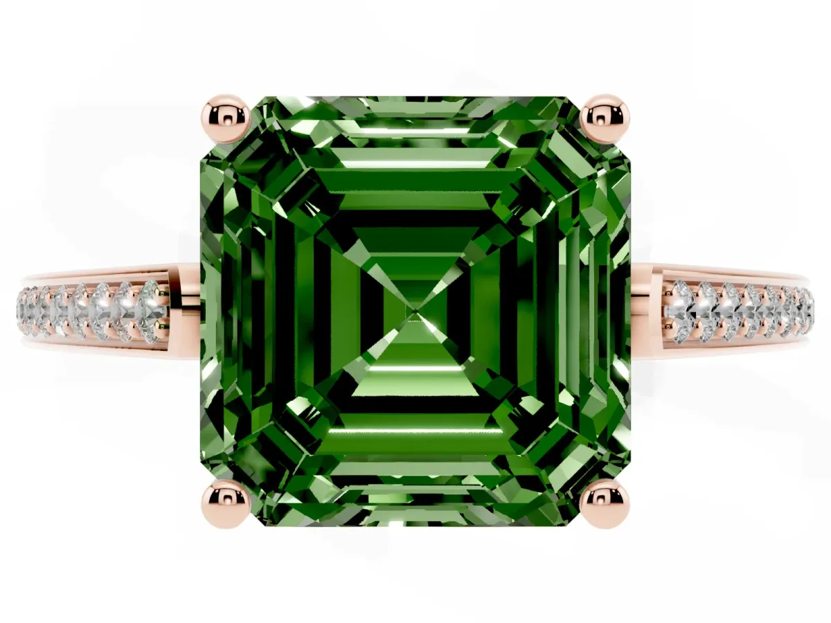 Fancy Green Asscher Cut Cut Cathedral Pave Diamond Engagement Ring with Six-Prong Setting Rose gold