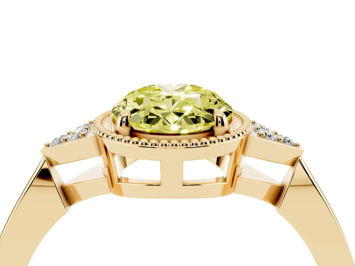Fancy Yellow Hexagonal Halo Oval Cut Diamond Solitaire with Pavé Band and Four-Prong Setting Yellow gold