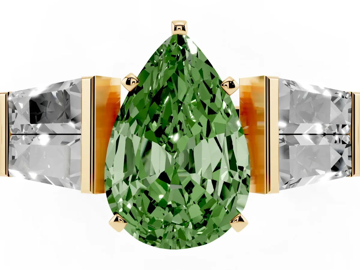 Fancy Green Pear Cut Diamond Engagement Ring with Baguette Side Stones and Channel Set Band Yellow gold