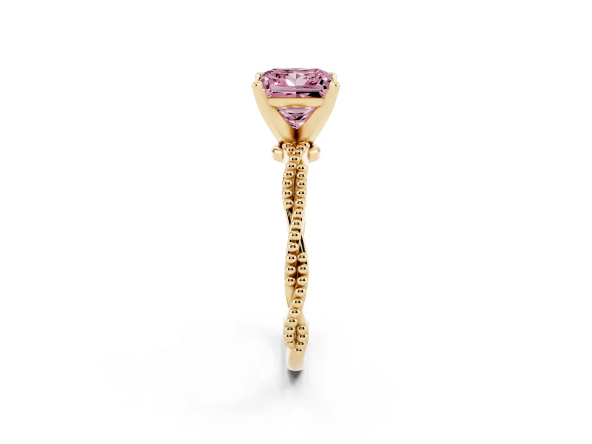 Fancy Pink Princess Cut Solitaire Twisted Band with Bead Prong Setting Yellow gold