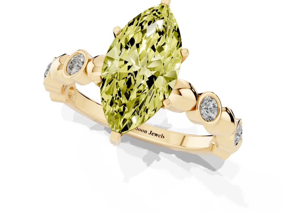 Fancy Yellow Marquise Cut Solitaire Bezel-Set Diamond Ring with Beaded Band and Four-Prong Setting Yellow gold