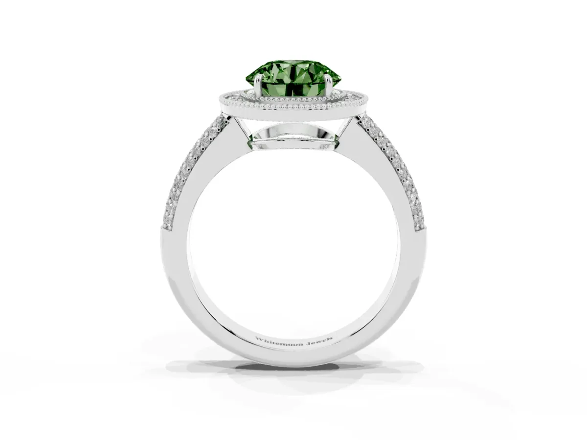 Fancy Green Round Cut Cut Halo Diamond Pave Band with Four-Prong Setting Platinum