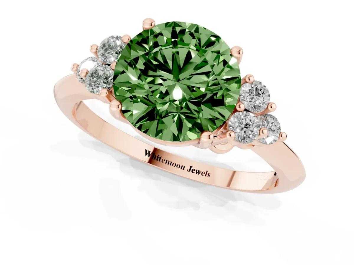 Fancy Green Round Cut Cut Diamond Cluster Ring with Solitaire Band and Four-Prong Setting Rose gold