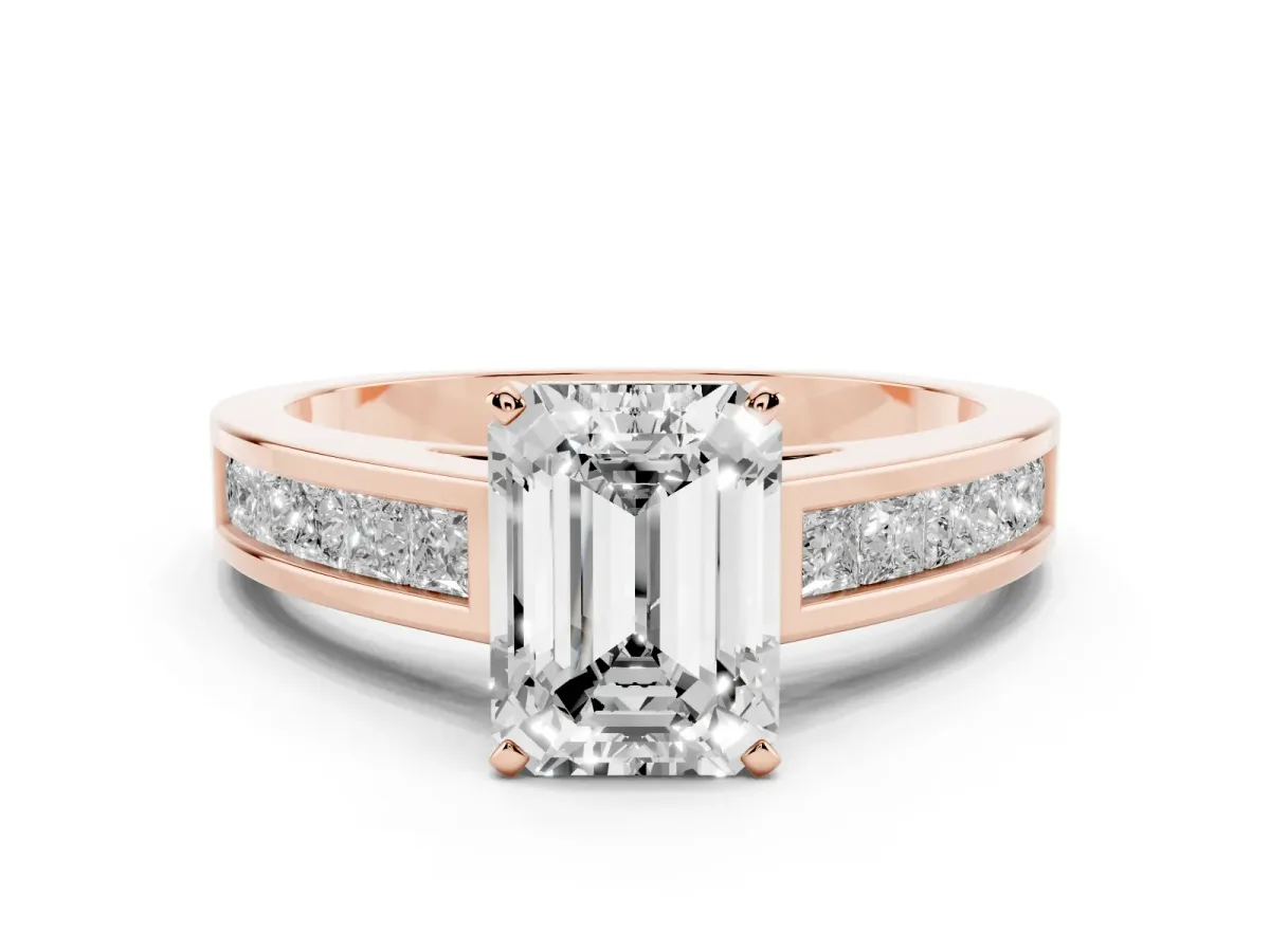 Emerald Cut Solitaire Diamond Ring with Channel-Set Band and Four-Prong Setting Rose gold