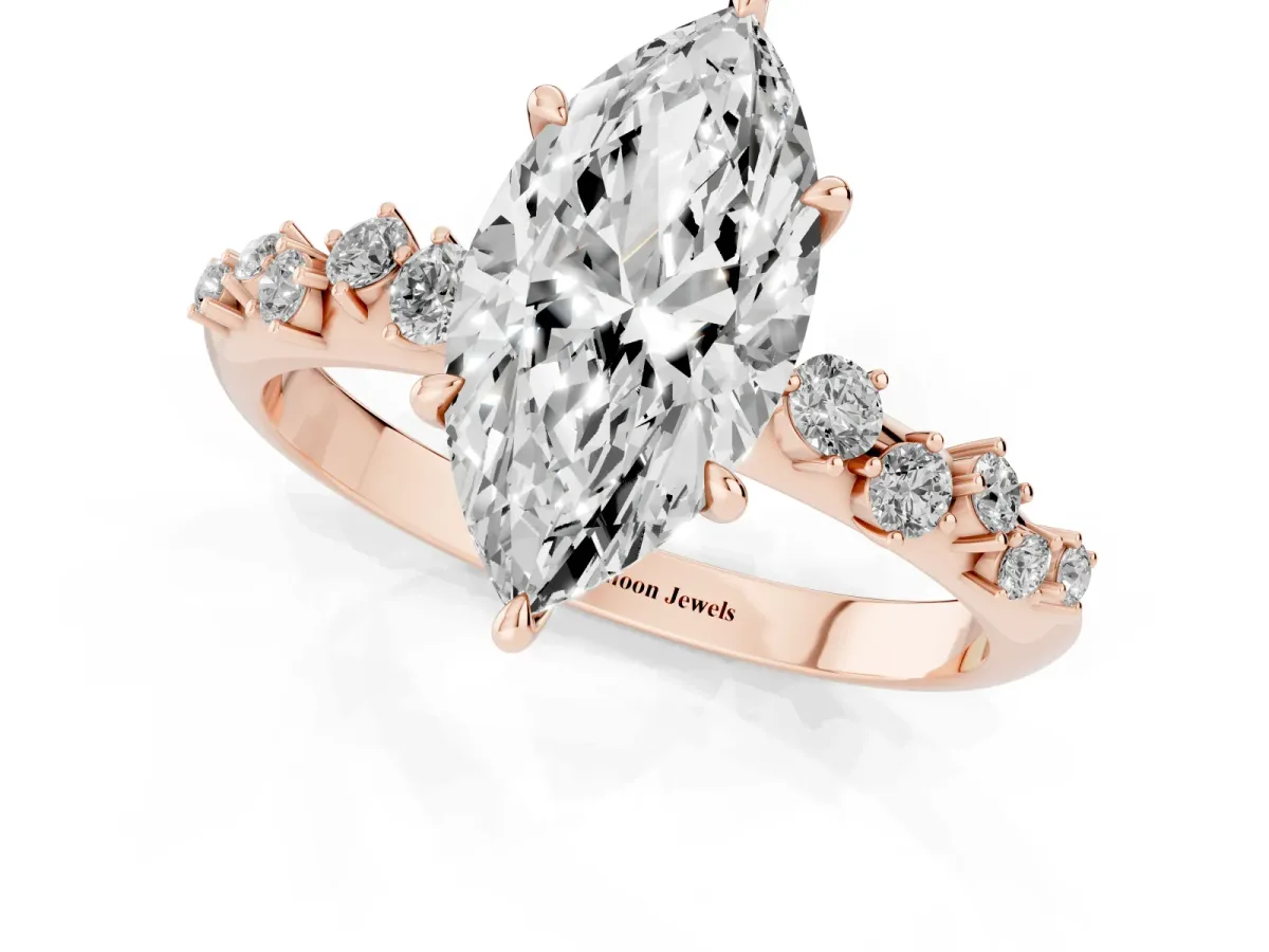 Marquise Cut Diamond Cluster Side Stone Solitaire Ring with Prong Setting Rose gold