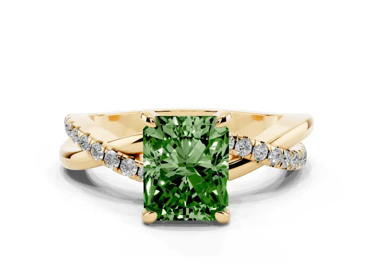 Fancy Green Radiant Cut Cut Diamond Twist Band Solitaire with Prong Setting Yellow gold