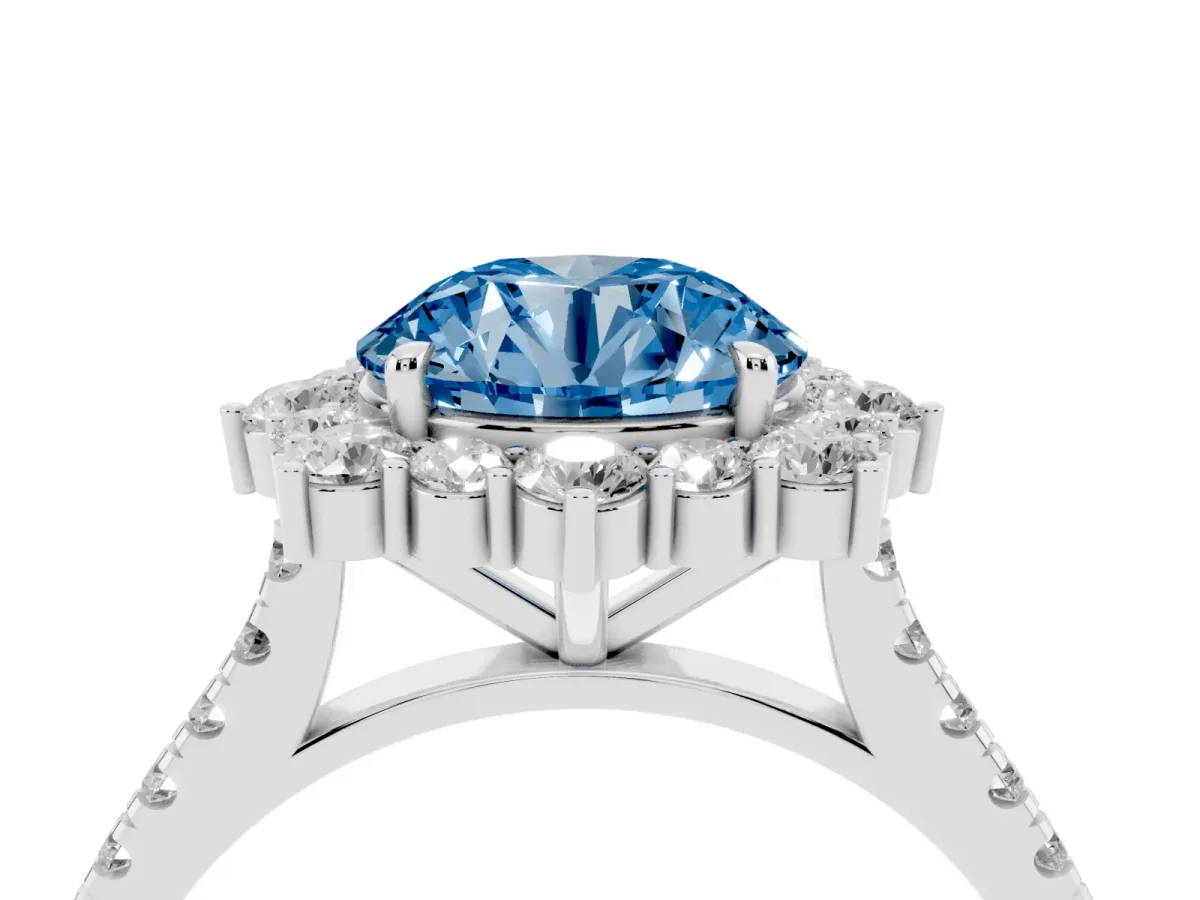 Fancy Blue Round Cut Halo Diamond Ring with Pavé Band and Prong Setting Silver