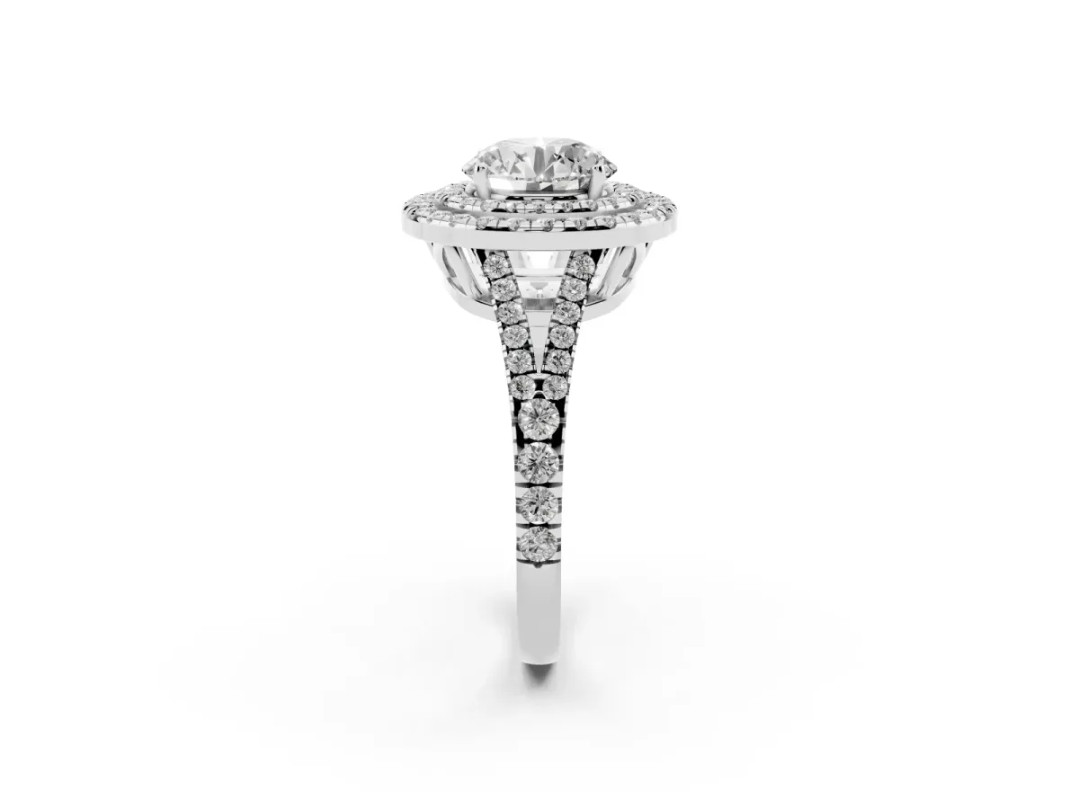 Round Cut Diamond Double Halo Ring with Pavé Band and Prong Setting Silver