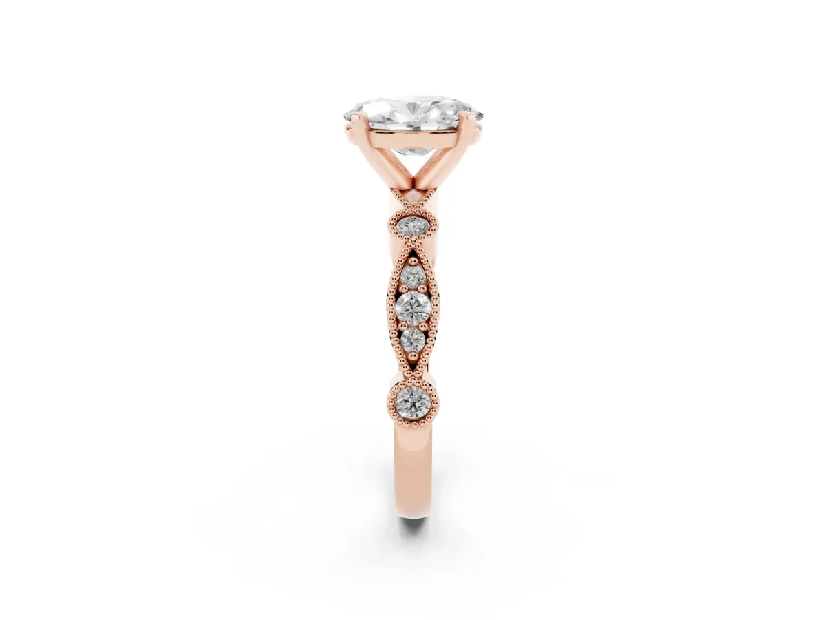 Oval Cut Milgrain Bezel Diamond Engagement Ring with Solitaire Prong Setting Rose gold