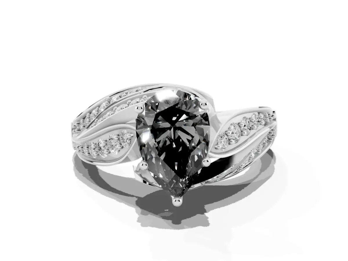 Fancy Black Pear Cut Diamond Solitaire Ring with Prong Setting and Twisted Pavé Band Silver