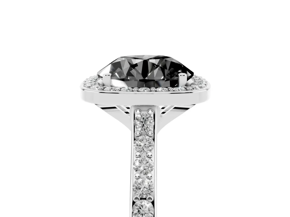 Fancy Black Round Cut Diamond Halo Engagement Ring with Round Pavé Shoulders and Prong Setting Platinum