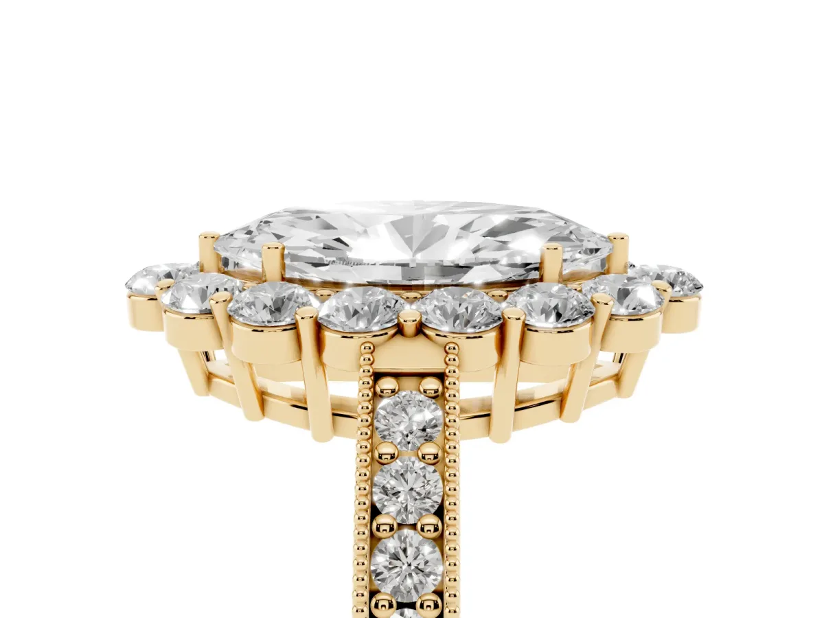 Marquise Cut Cut Halo Diamond Pavé Engagement Ring with Milgrain Detailing Yellow gold