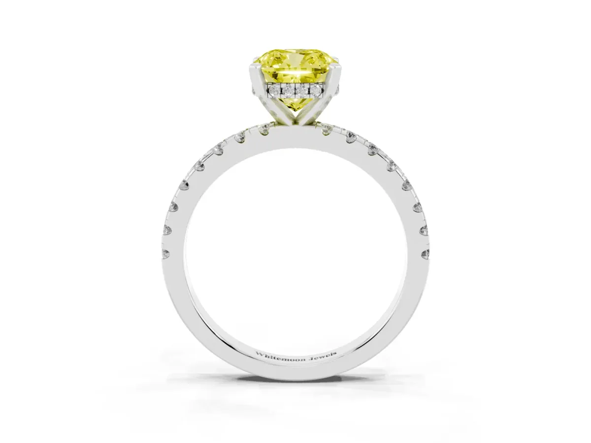 Fancy Yellow Cushion Cut Diamond Solitaire Ring with Round Pavé Band and Four-Prong Setting Silver